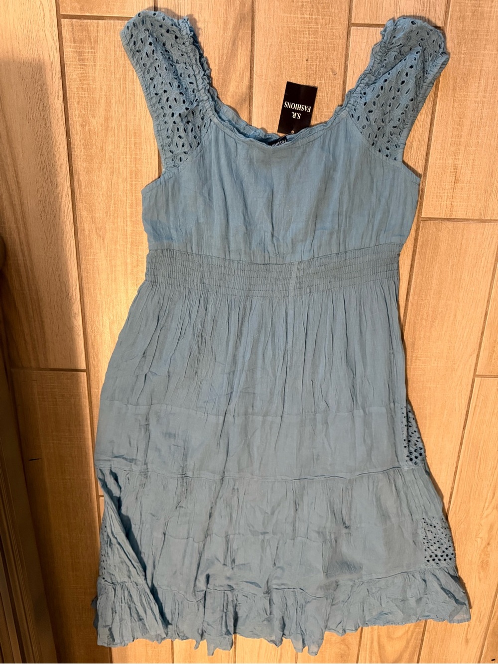 S.R. Fashions Light Blue Eyelet Tiered Sundress size Large NWT